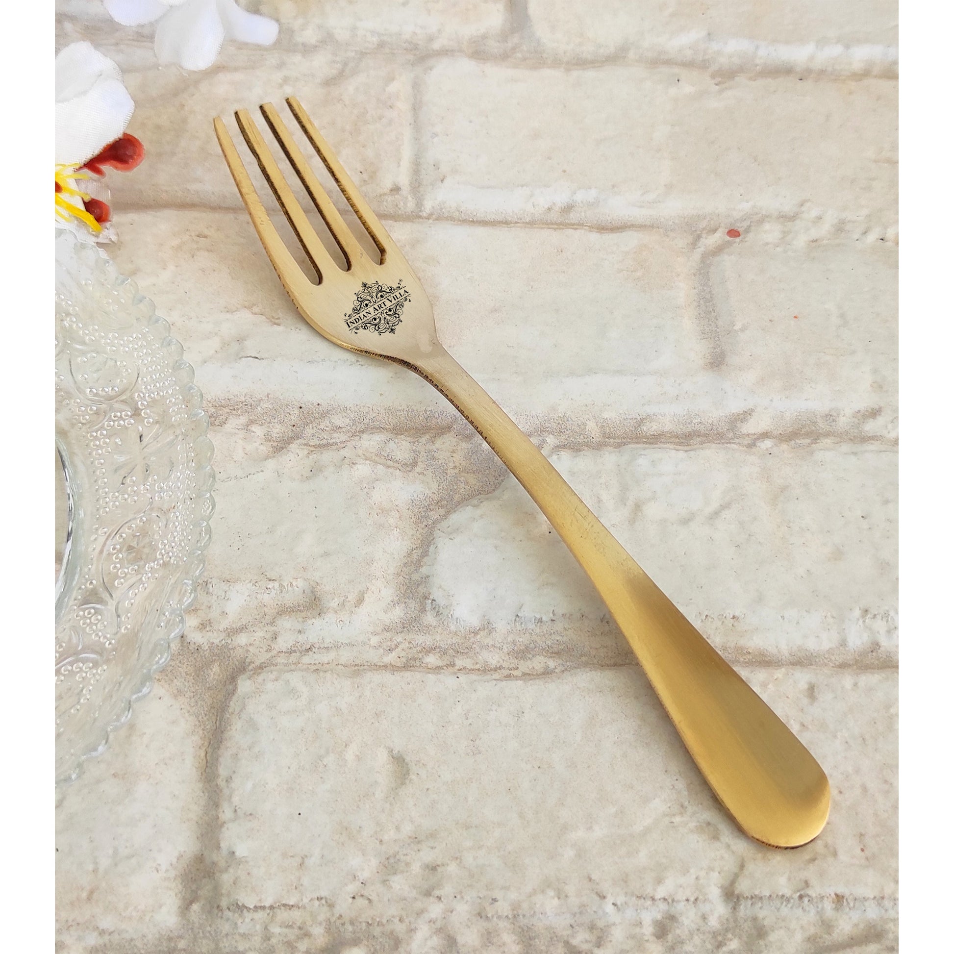 Pure Brass Fork With Matt Finsh And Antiquen Design, Length, 19.05Cm Gold
