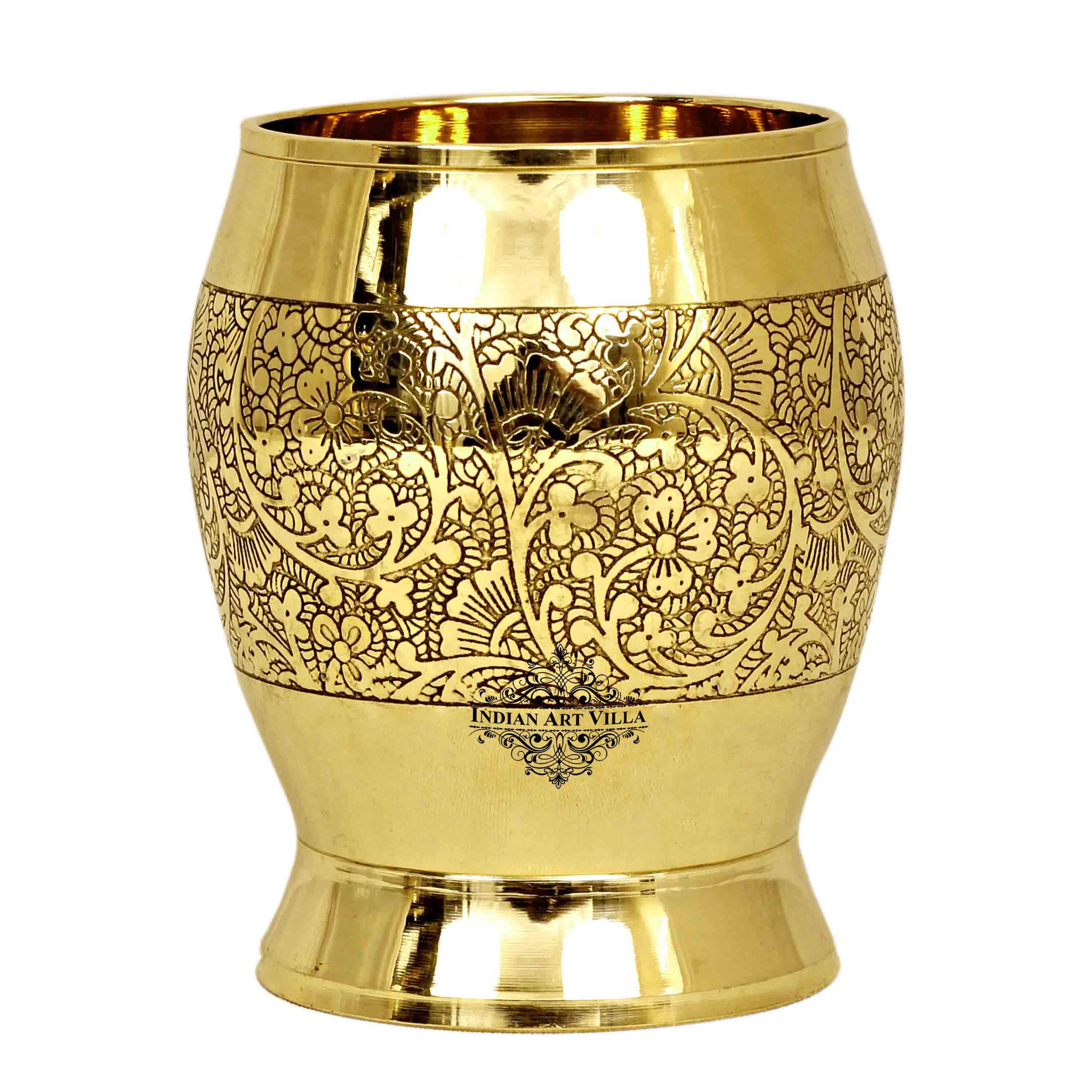 Handmade Pure Brass Embossed Flower Design Glass 300ml