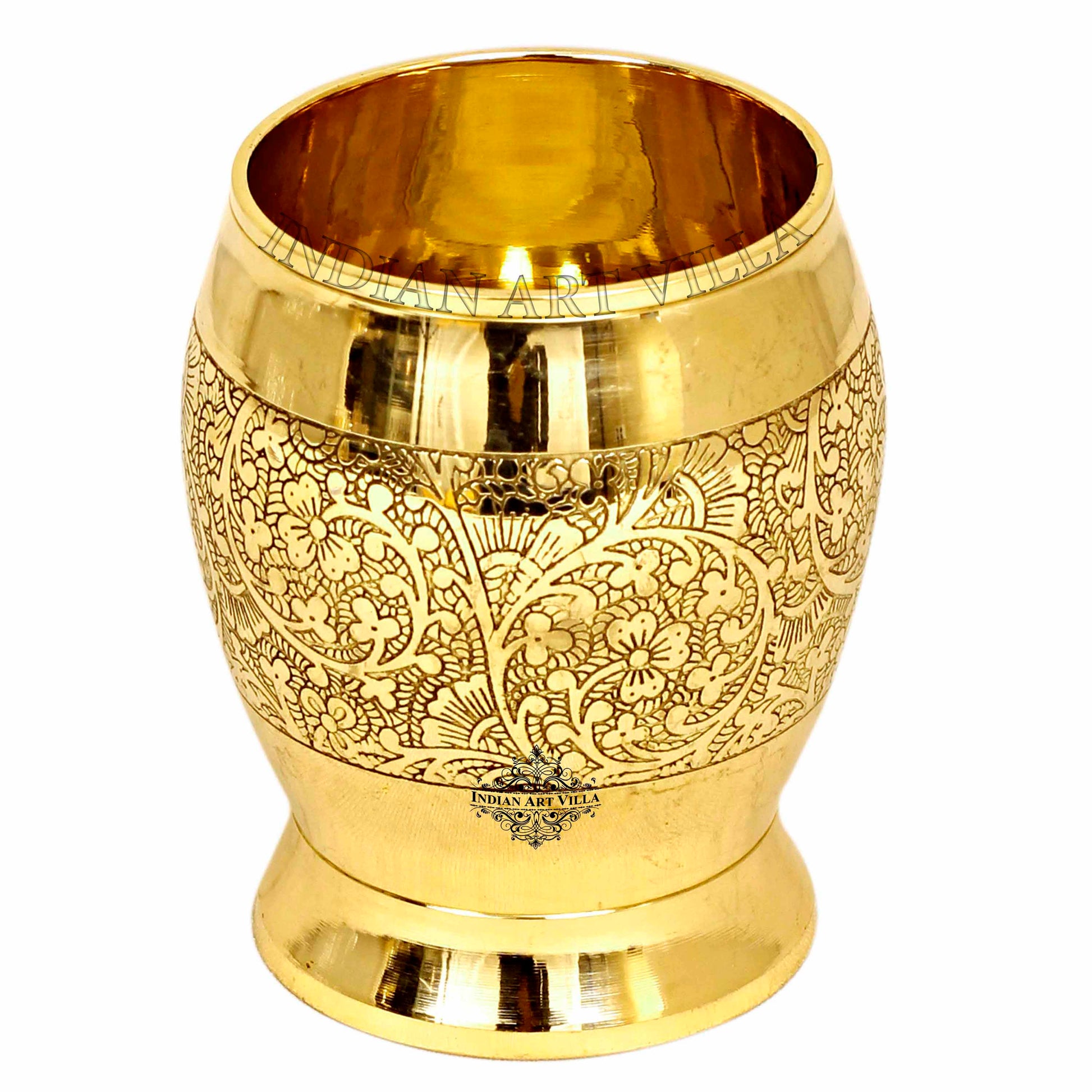 Handmade Pure Brass Embossed Flower Design Glass 300ml