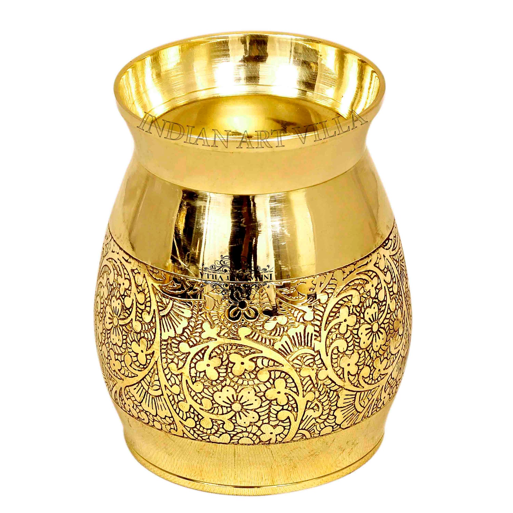 Handmade Pure Brass Embossed Flower Design Glass 300ml