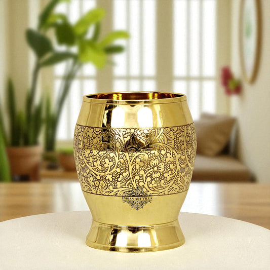 Handmade Pure Brass Embossed Flower Design Glass 300ml