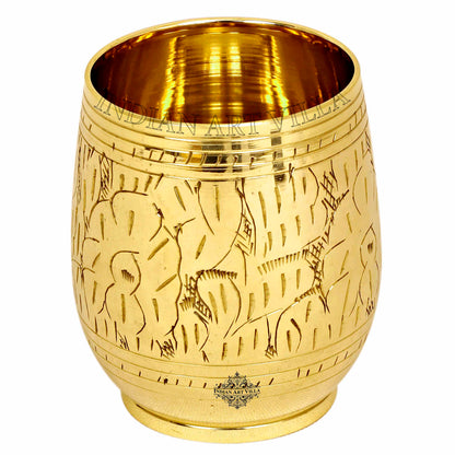 Handmade Pure Brass Engraving Leaf Design Glass Tumbler 300 ML