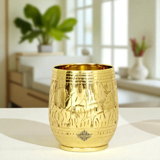 Handmade Pure Brass Engraving Leaf Design Glass Tumbler 300 ML