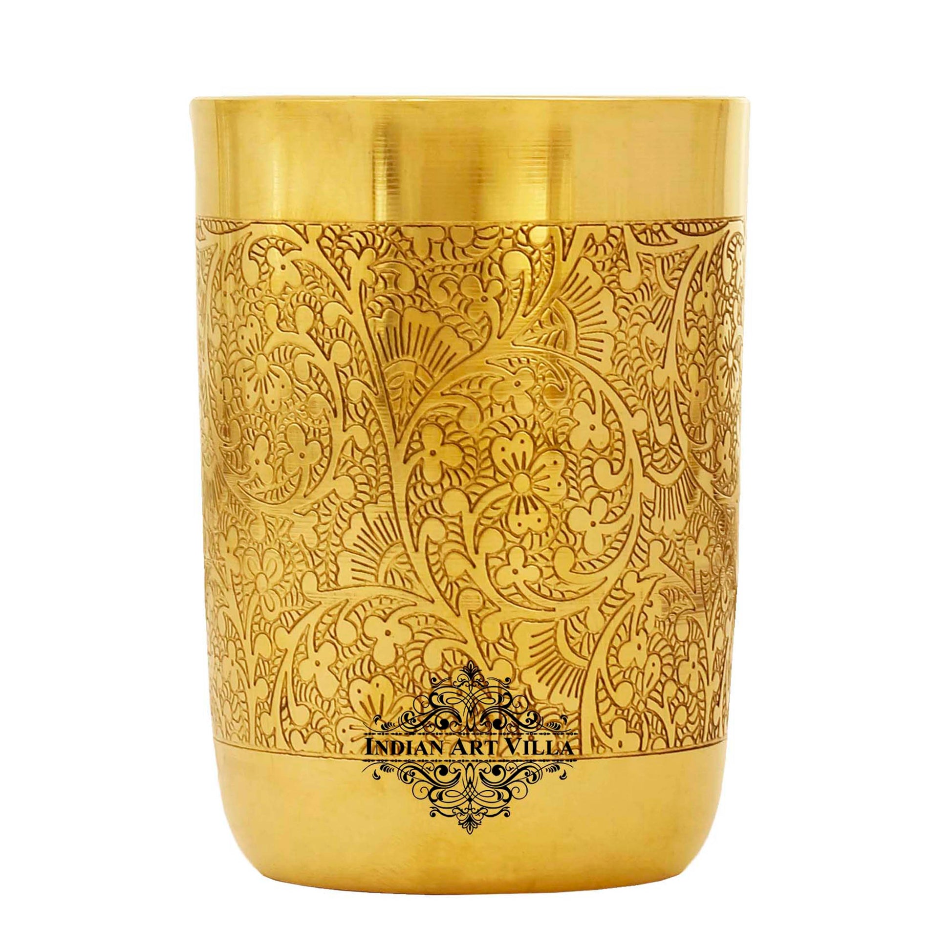 Handcrafted Pure Brass Glass with Embossed Flower Design 300ml