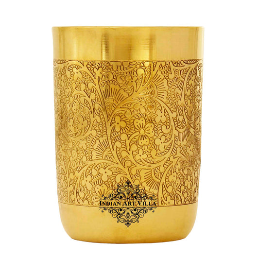 Handcrafted Pure Brass Glass with Embossed Flower Design 300ml