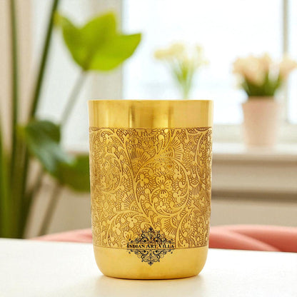 Handcrafted Pure Brass Glass with Embossed Flower Design 300ml