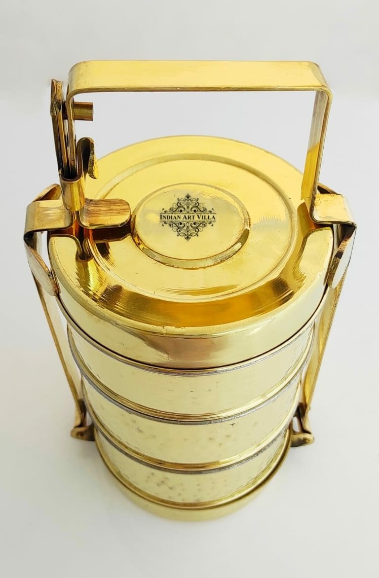 Brass Handmade Lunch Box with three compartments, Serveware, Tableware, 27.94 cm