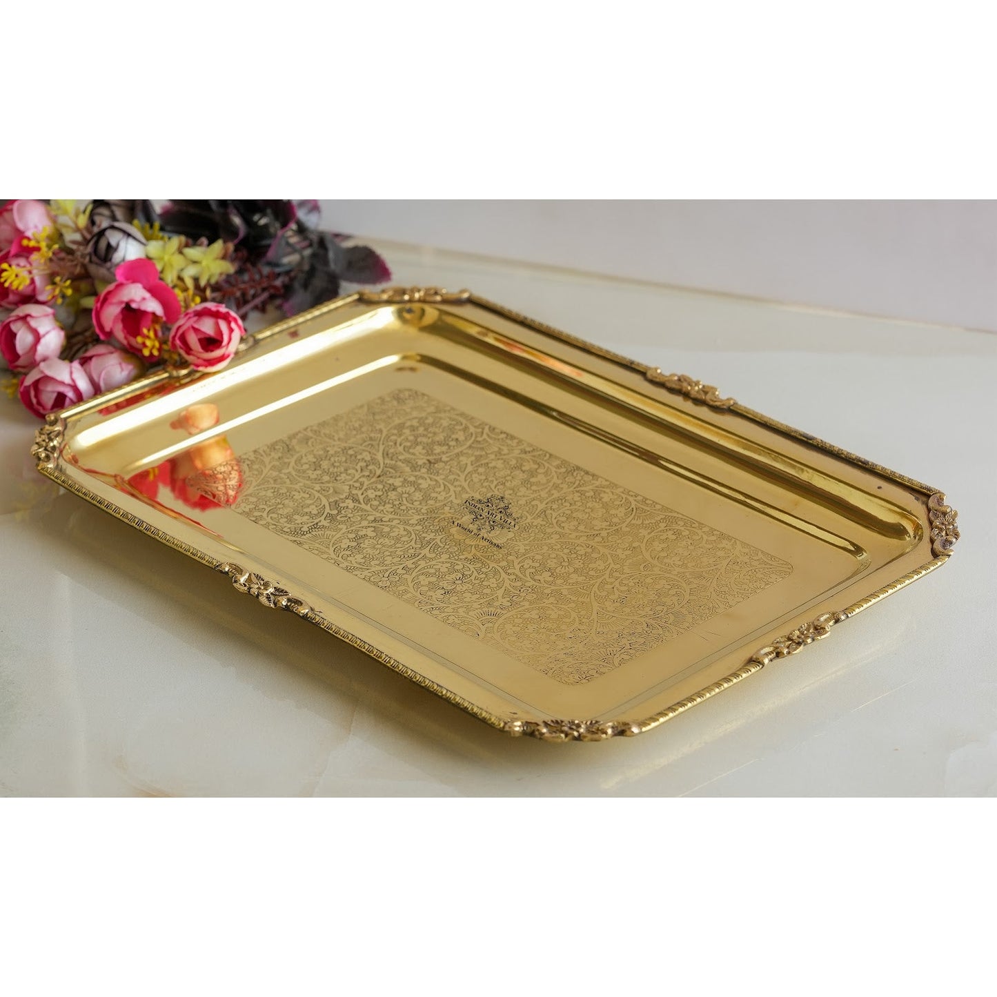 Brass Embossed Rectangular Serving Beeding Tray , Serveware & Tableware, Decorative, Gift Item, Gold