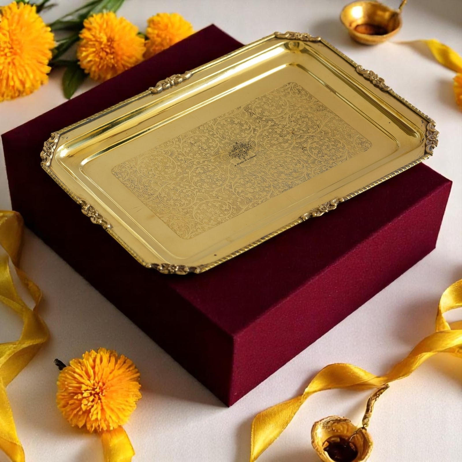 Brass Embossed Rectangular Serving Beeding Tray , Serveware & Tableware, Decorative, Gift Item, Gold
