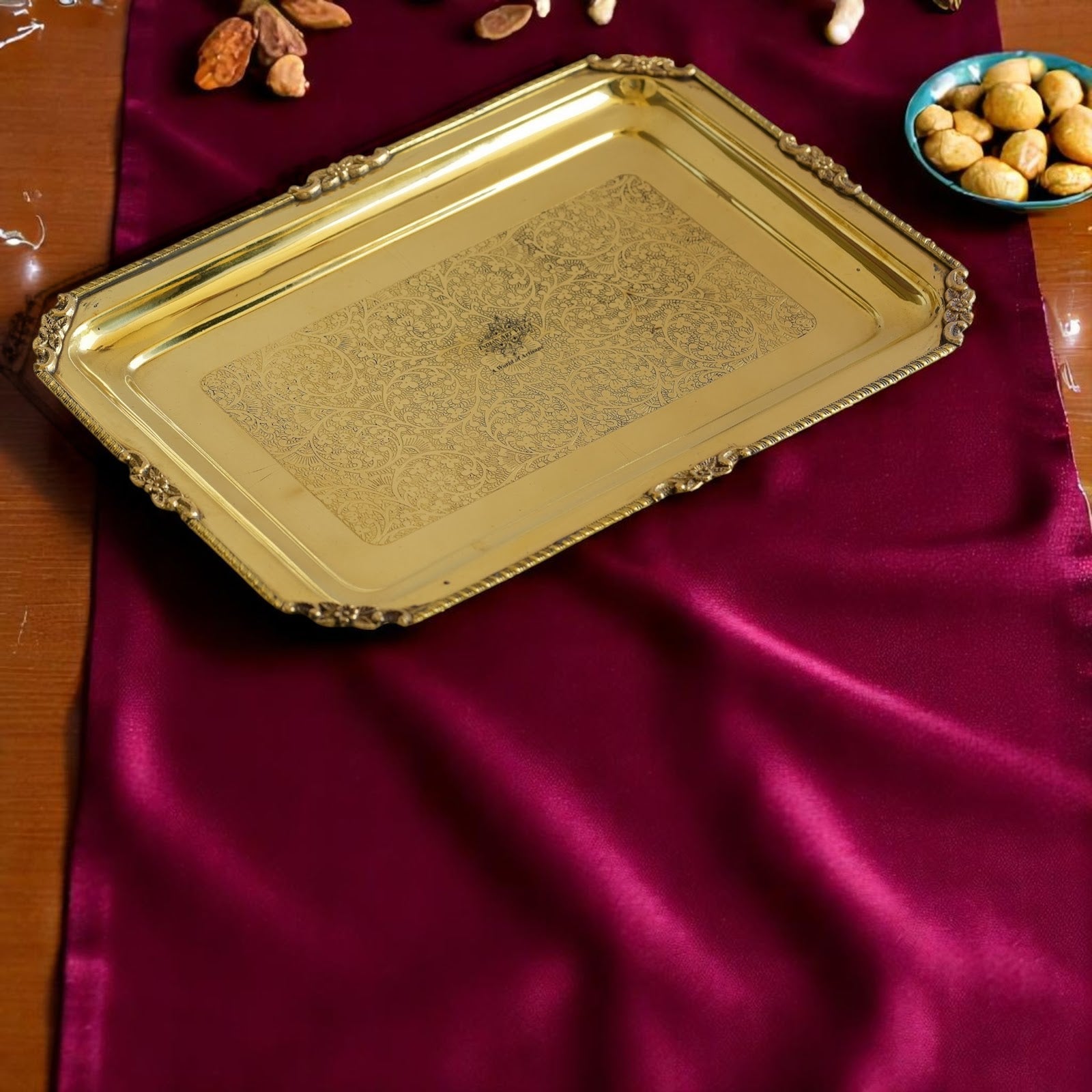 Brass Embossed Rectangular Serving Beeding Tray , Serveware & Tableware, Decorative, Gift Item, Gold