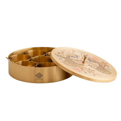 Pure Brass Masala Box With Two  Peacock Design On Lid