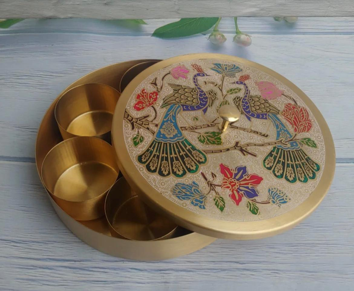 Pure Brass Masala Box With Two  Peacock Design On Lid
