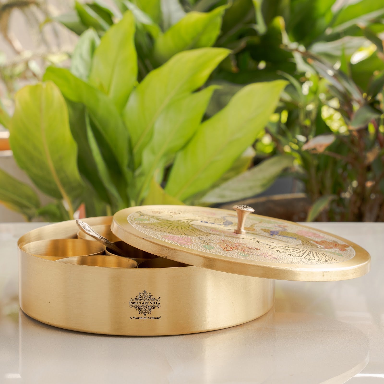 Pure Brass Masala Box With Two  Peacock Design On Lid