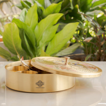 Pure Brass Masala Box With Two  Peacock Design On Lid