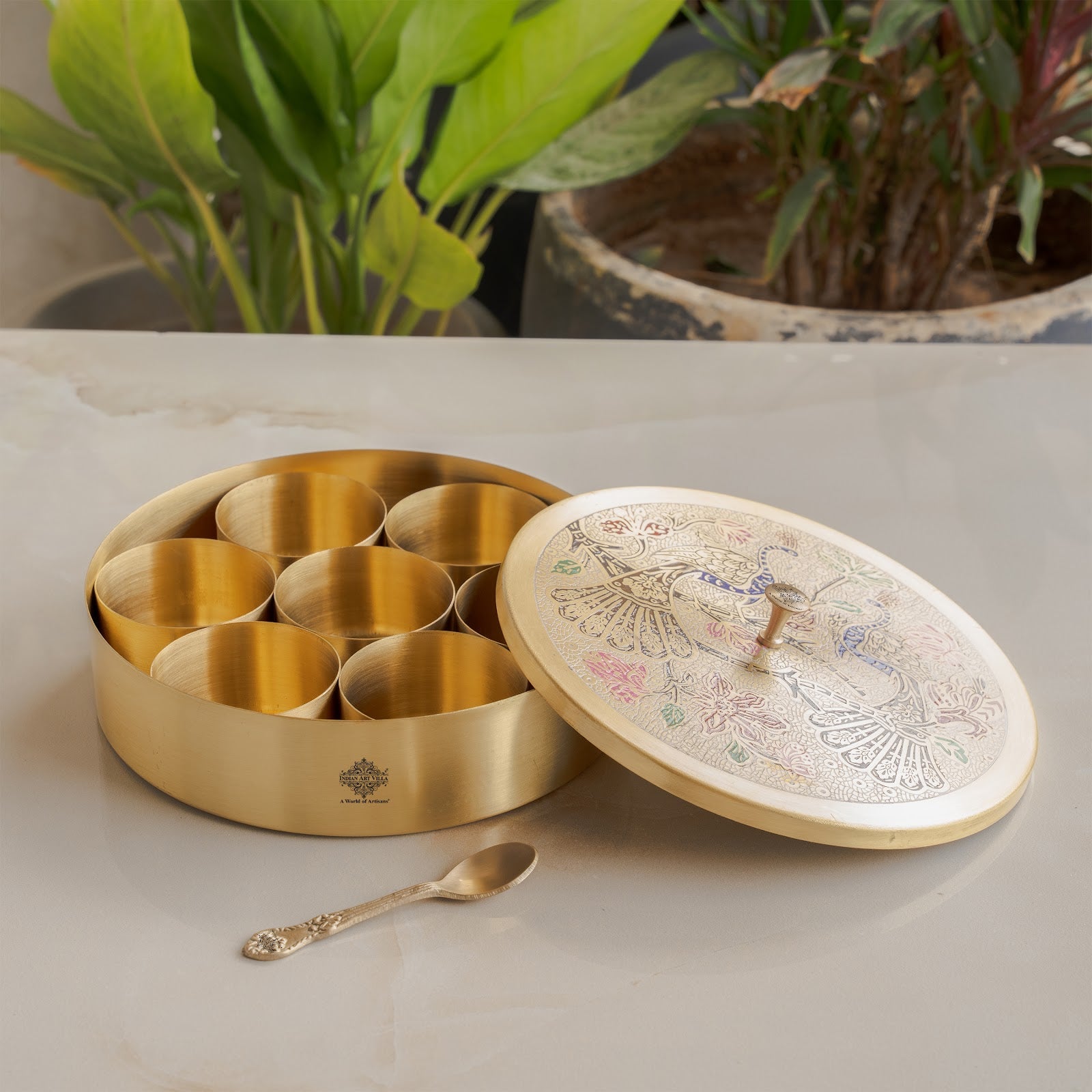 Pure Brass Masala Box With Two  Peacock Design On Lid