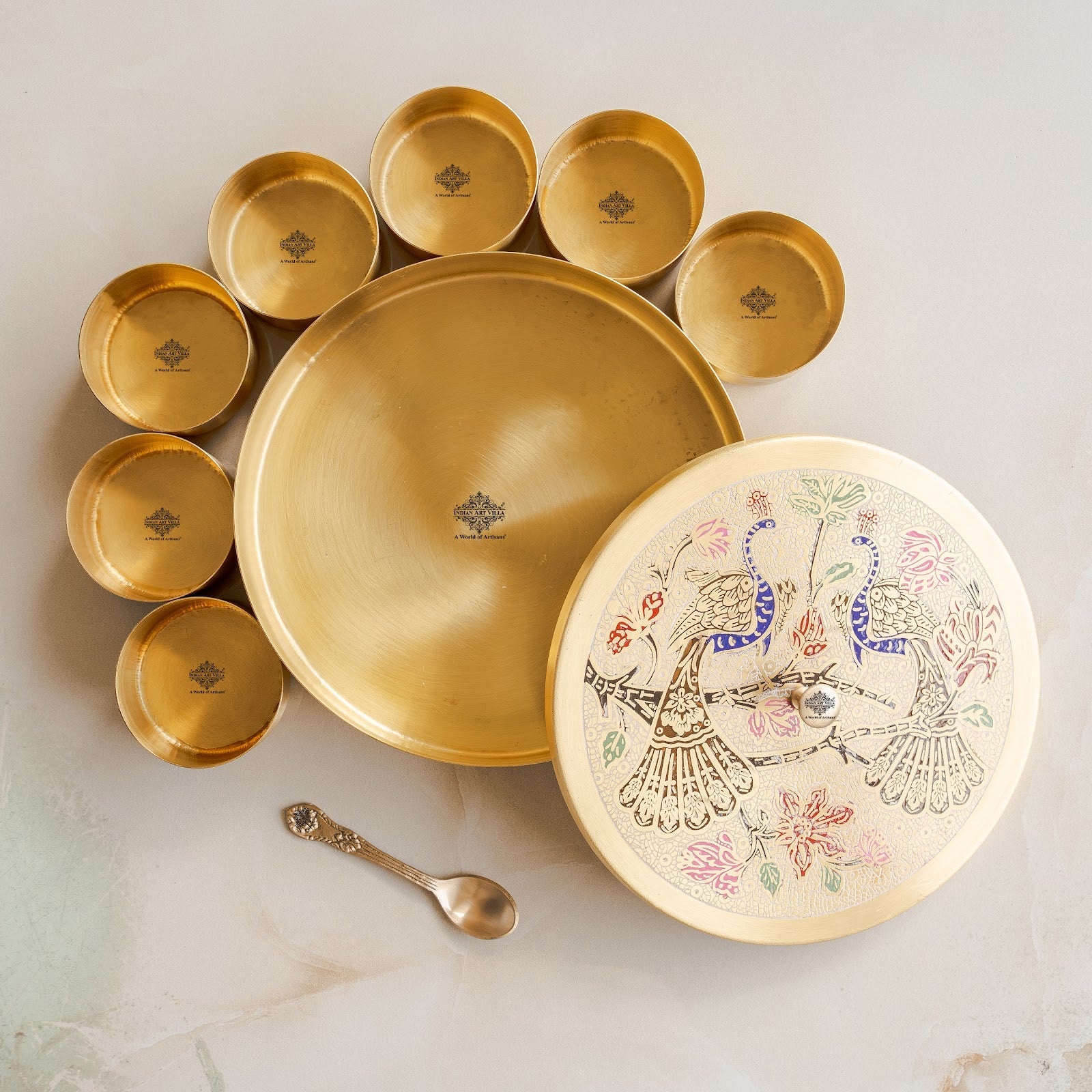 Pure Brass Masala Box With Two  Peacock Design On Lid