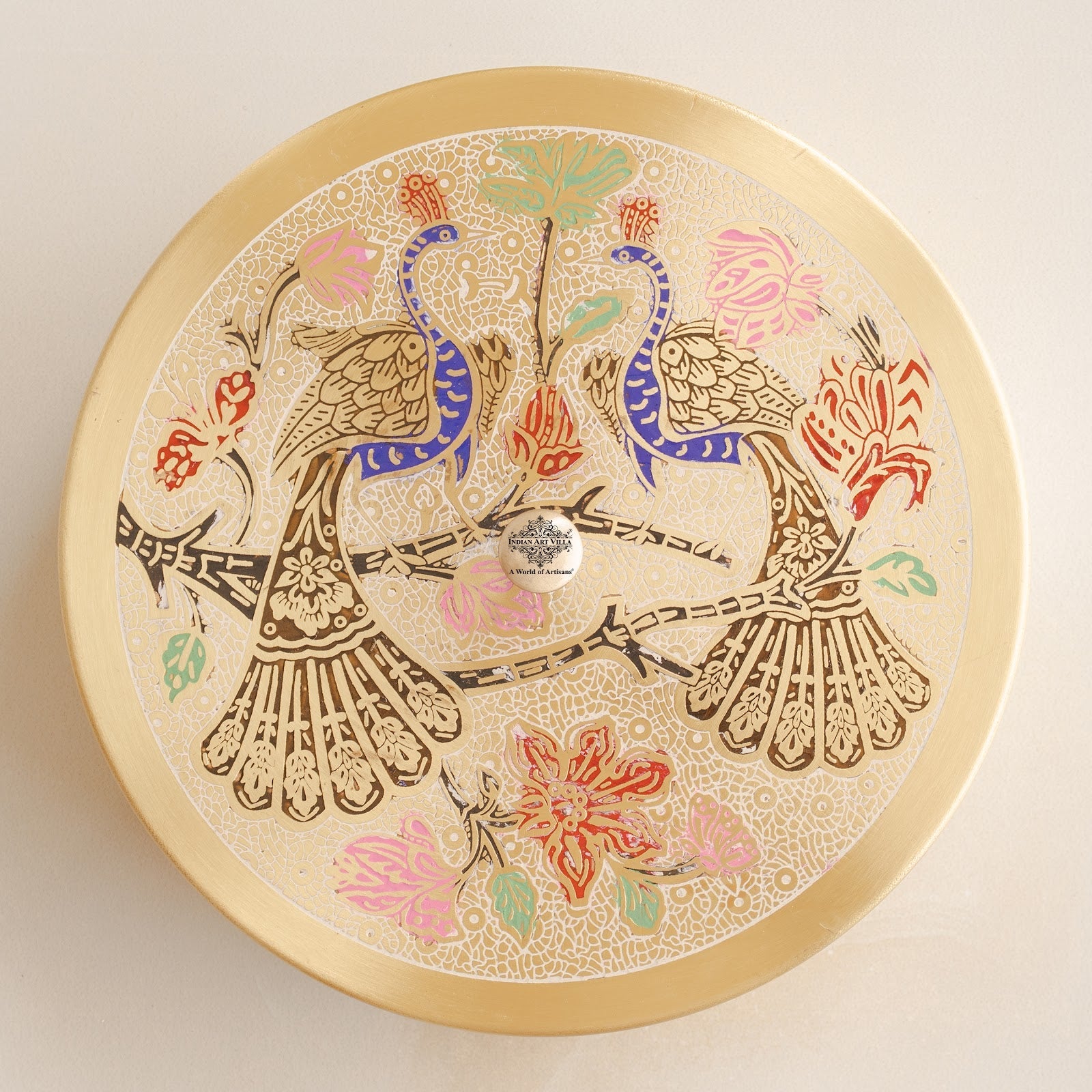 Pure Brass Masala Box With Two  Peacock Design On Lid