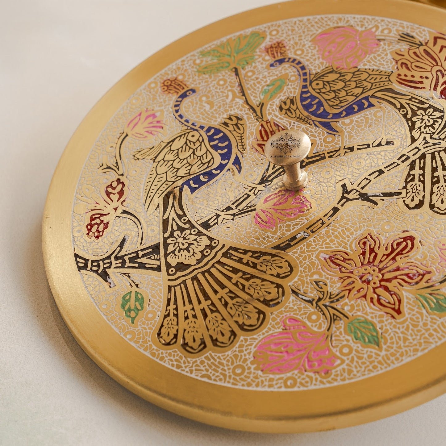 Pure Brass Masala Box With Two  Peacock Design On Lid