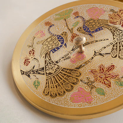 Pure Brass Masala Box With Two  Peacock Design On Lid
