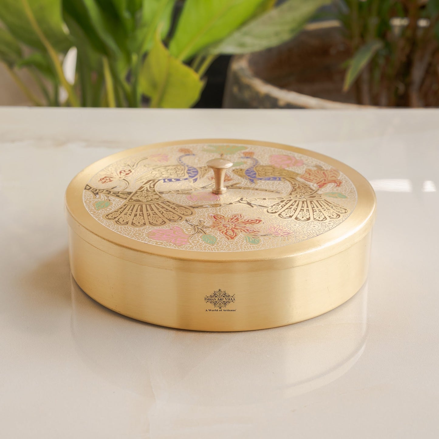 Pure Brass Masala Box With Two  Peacock Design On Lid