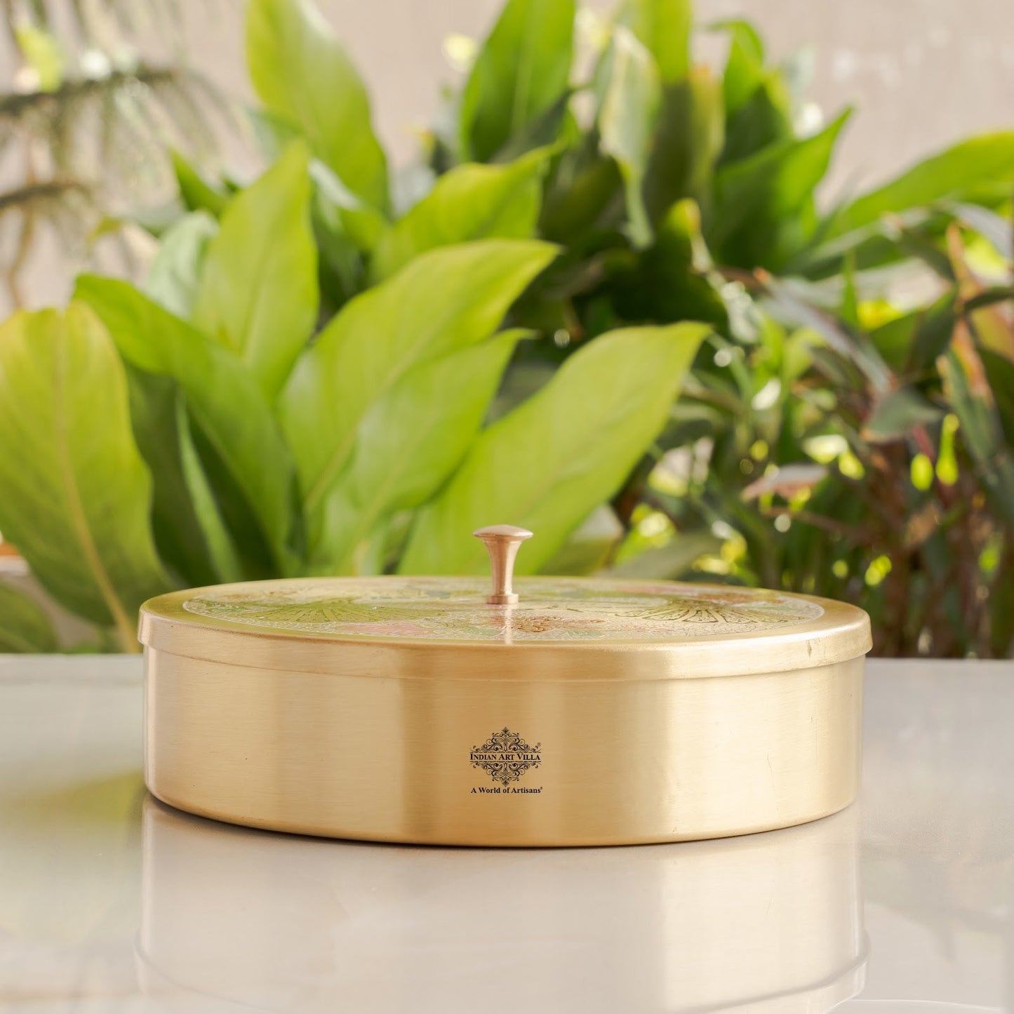 Pure Brass Masala Box With Two  Peacock Design On Lid