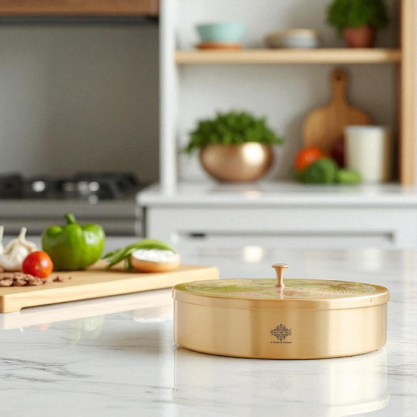 Pure Brass Masala Box With Two  Peacock Design On Lid