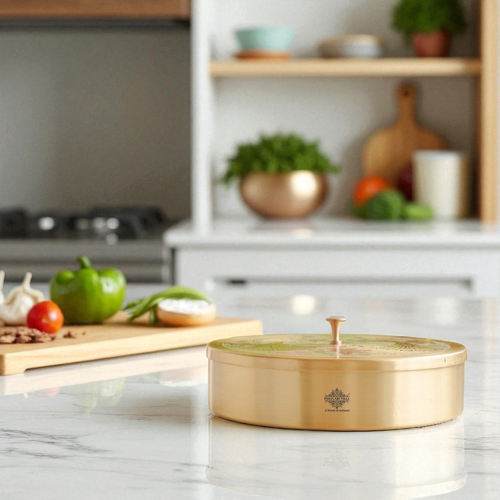 Pure Brass Masala Box With Two  Peacock Design On Lid