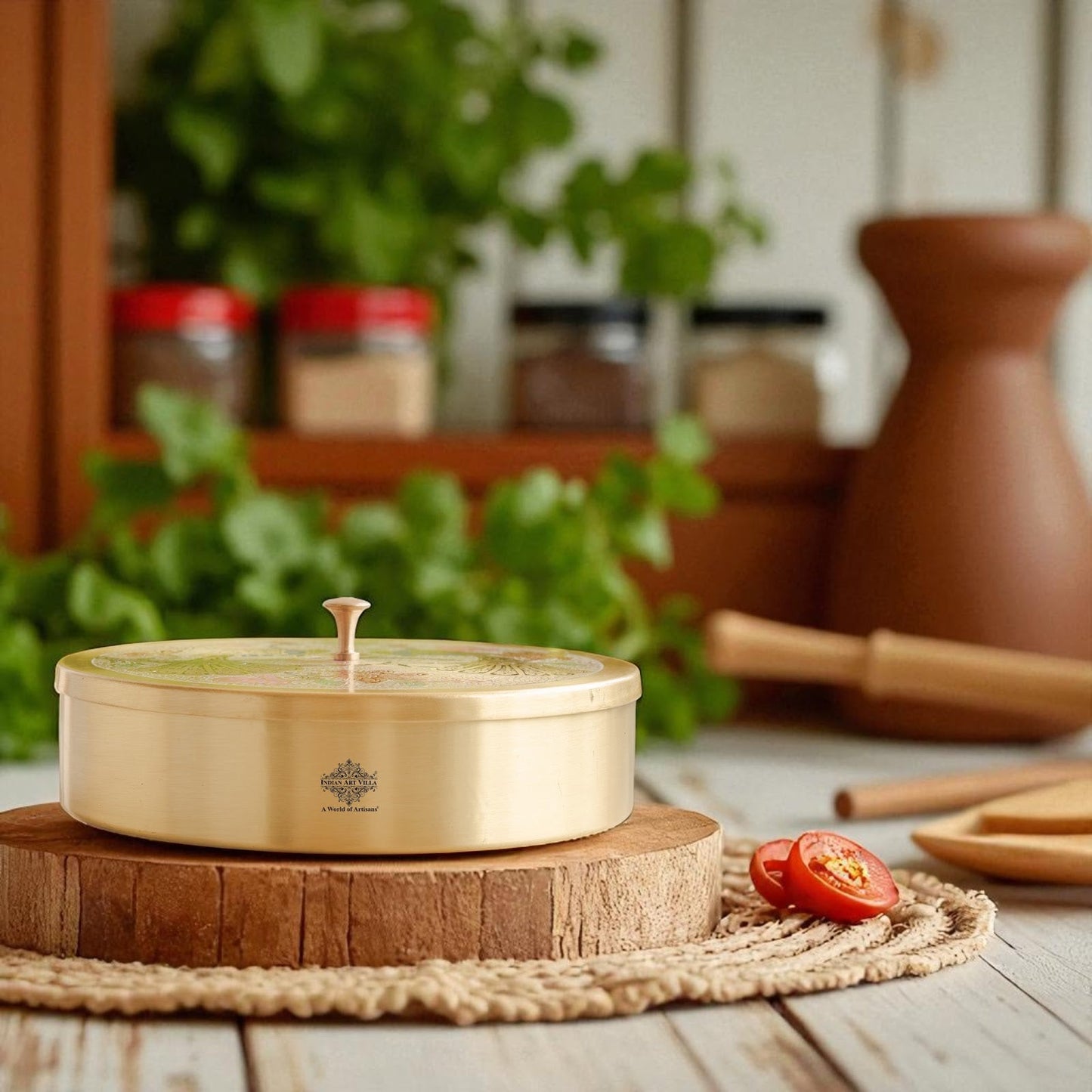 Pure Brass Masala Box With Two  Peacock Design On Lid