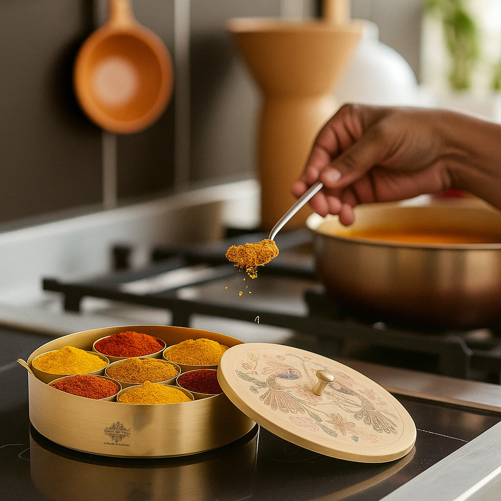 Pure Brass Masala Box With Two  Peacock Design On Lid