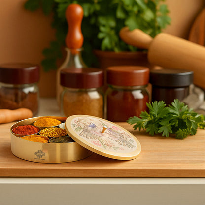 Pure Brass Masala Box With Two  Peacock Design On Lid