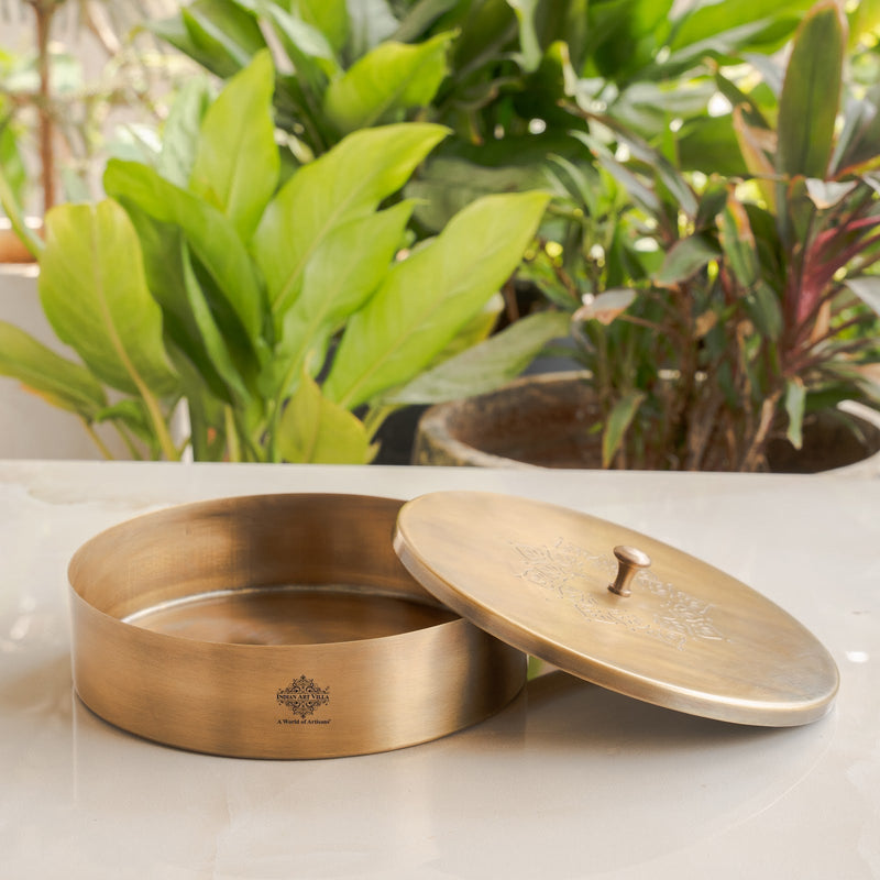 Pure Brass Masala Box With Two  Peacock Design On Lid