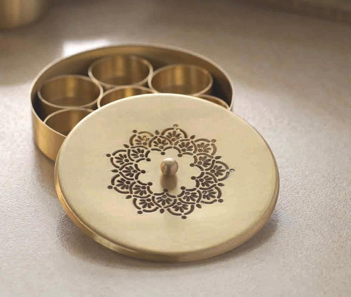 Pure Brass Masala Box With Two  Peacock Design On Lid