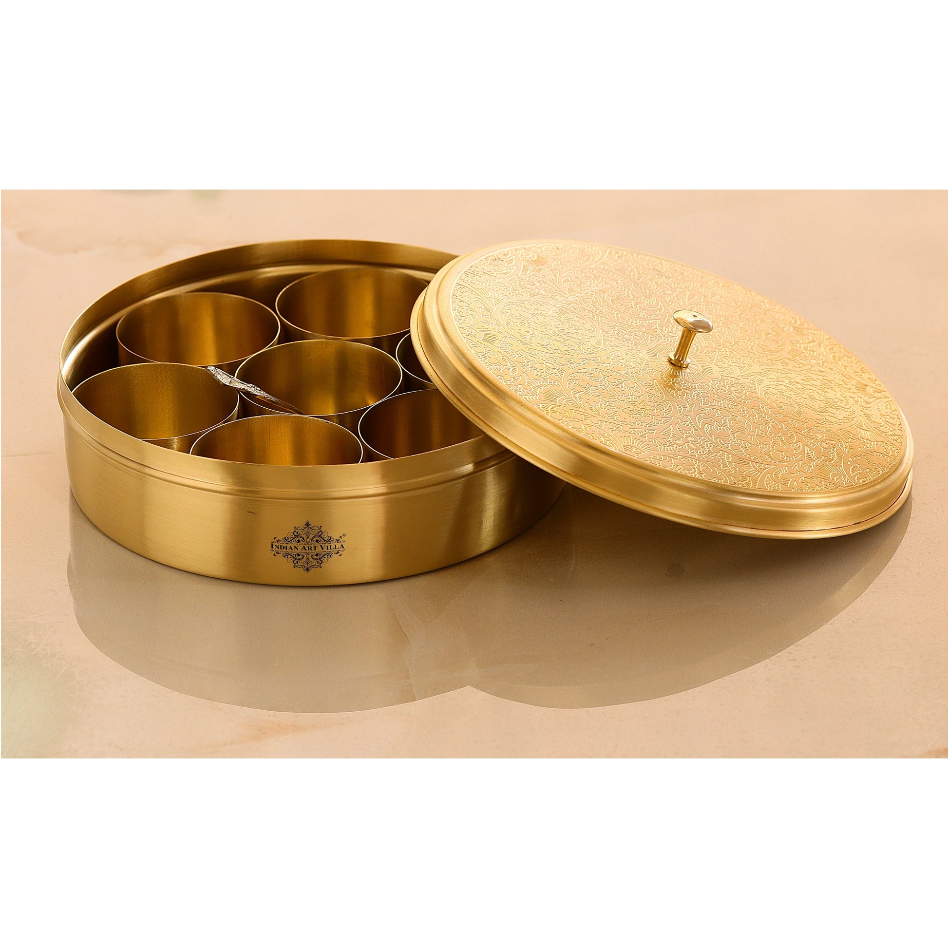 Brass Embossed Masala Box, Spice Container with 7 Compartments, Kitchenware