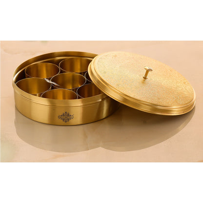 Brass Embossed Masala Box, Spice Container with 7 Compartments, Kitchenware