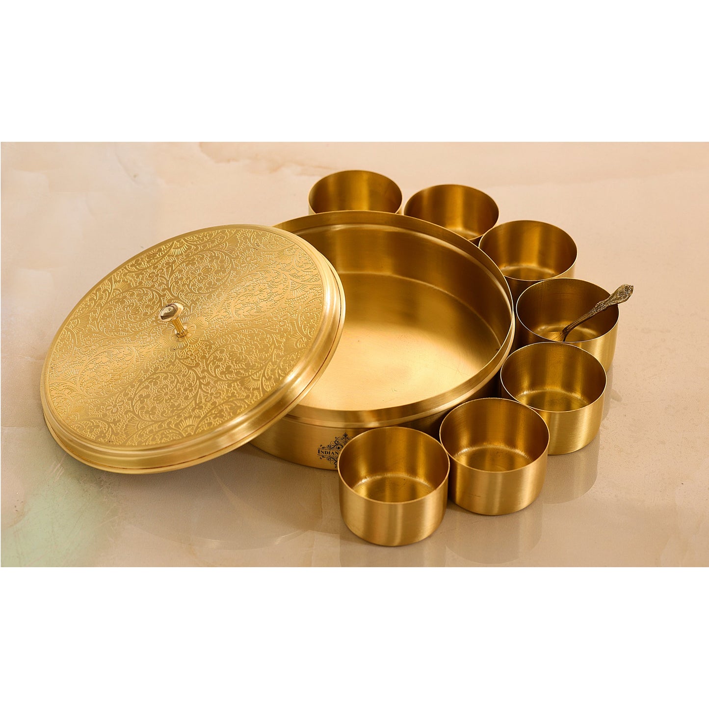 Brass Embossed Masala Box, Spice Container with 7 Compartments, Kitchenware