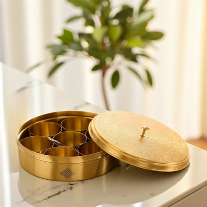 Brass Embossed Masala Box, Spice Container with 7 Compartments, Kitchenware