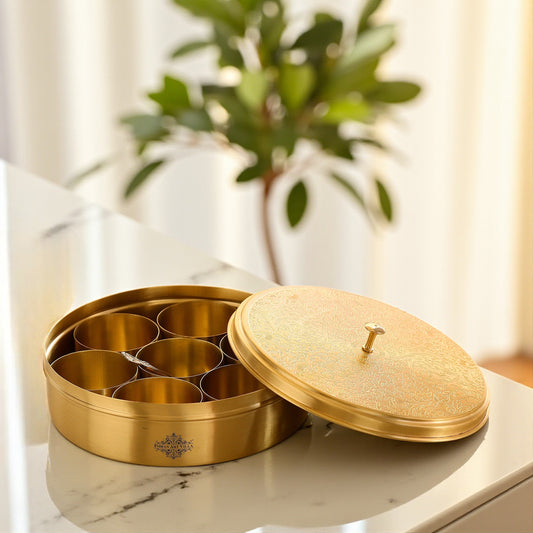 Brass Embossed Masala Box, Spice Container with 7 Compartments, Kitchenware