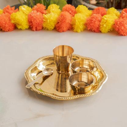 Pure Brass with Beautiful Embossed Design, 5 Piece Bhog Thali