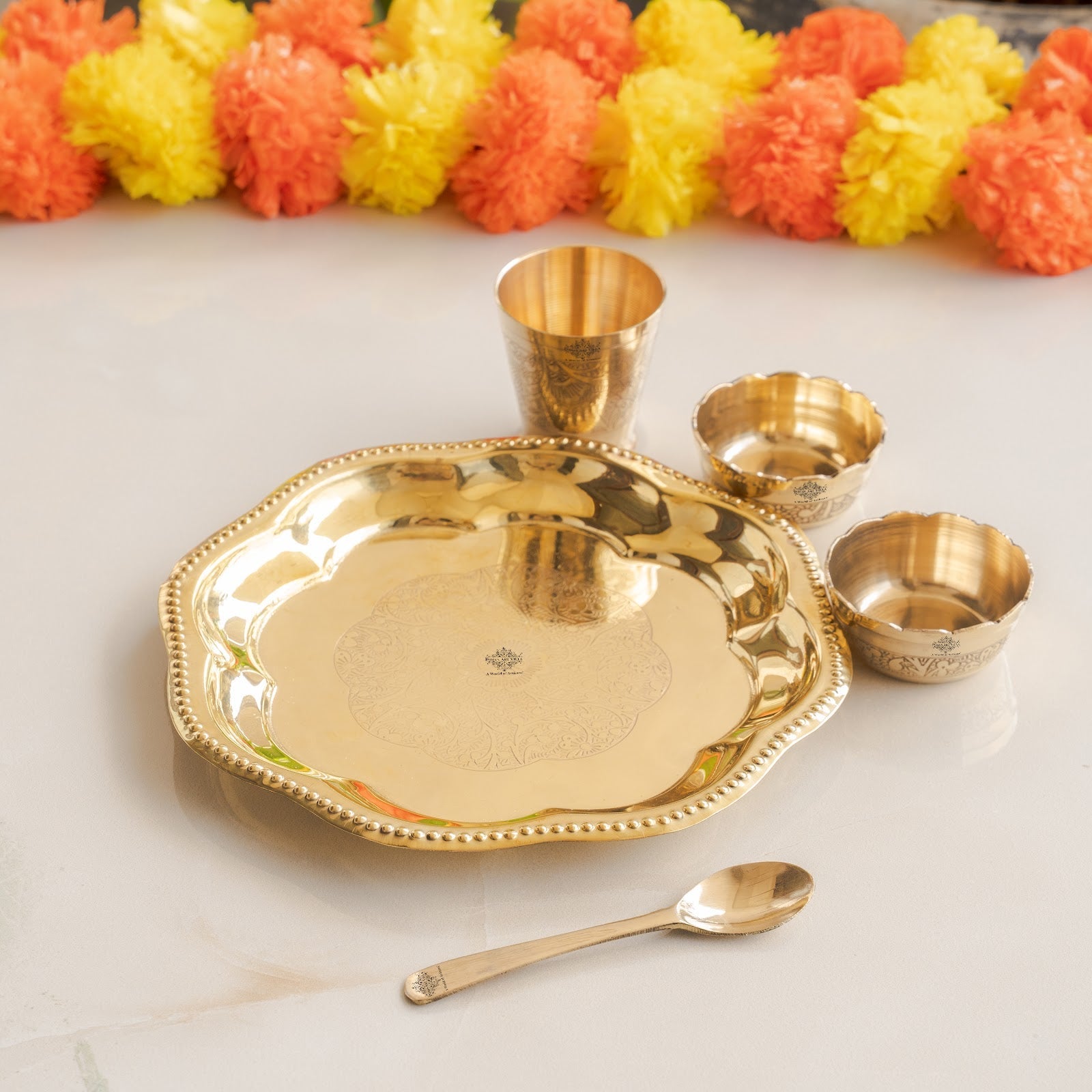Pure Brass with Beautiful Embossed Design, 5 Piece Bhog Thali