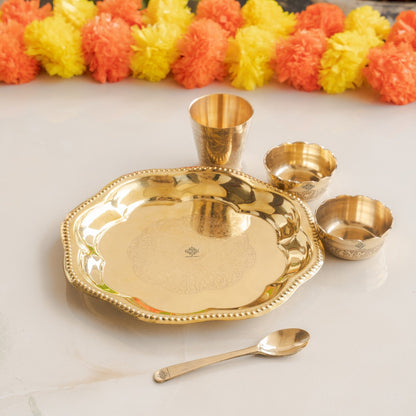 Pure Brass with Beautiful Embossed Design, 5 Piece Bhog Thali