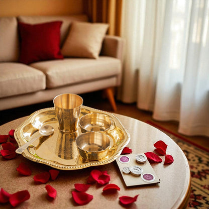 Pure Brass with Beautiful Embossed Design, 5 Piece Bhog Thali