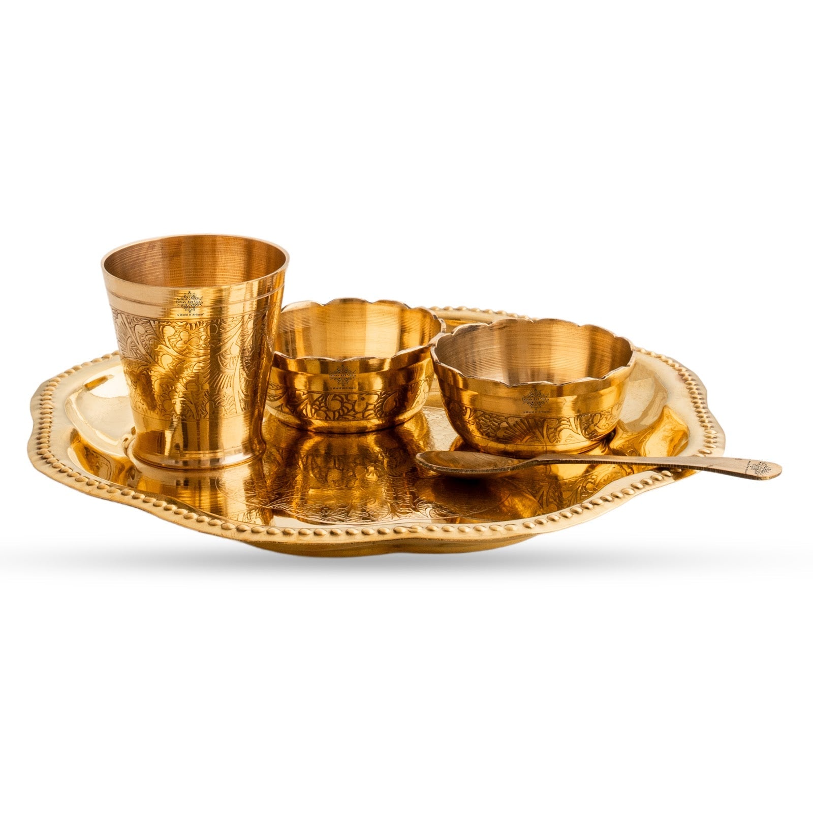 Pure Brass with Beautiful Embossed Design, 5 Piece Bhog Thali