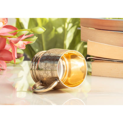 Pure Brass Embossed Design Cup with Handle – 200 ML | Traditional Handcrafted Mug for Serving Water, Milk, or Herbal Drinks