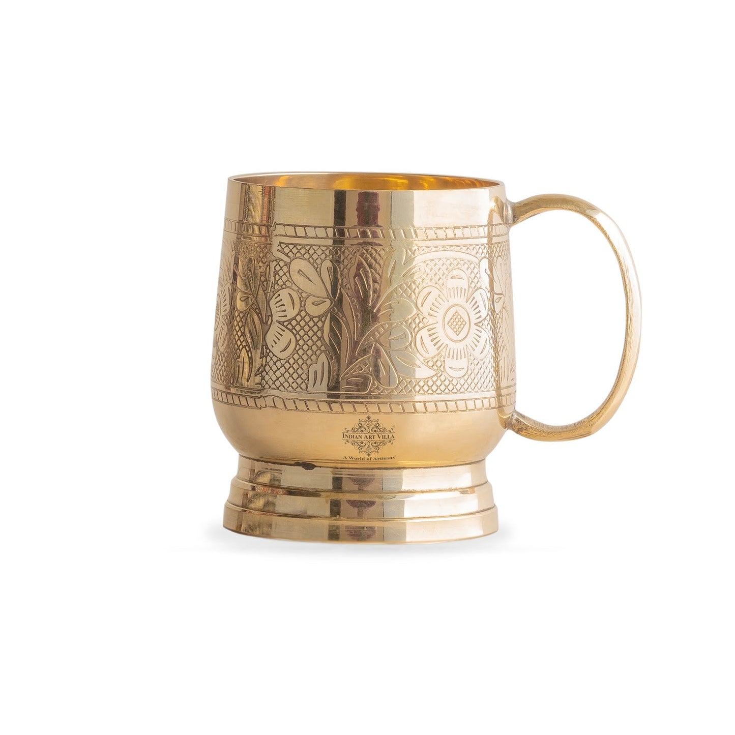 Pure Brass Embossed Design Cup with Handle – 200 ML | Traditional Handcrafted Mug for Serving Water, Milk, or Herbal Drinks
