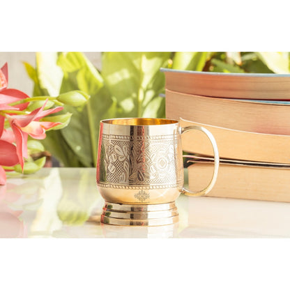 Pure Brass Embossed Design Cup with Handle – 200 ML | Traditional Handcrafted Mug for Serving Water, Milk, or Herbal Drinks
