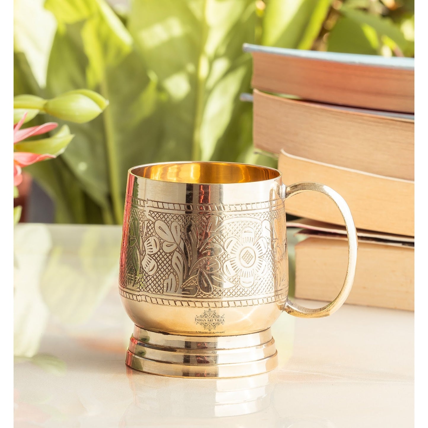 Pure Brass Embossed Design Cup with Handle – 200 ML | Traditional Handcrafted Mug for Serving Water, Milk, or Herbal Drinks