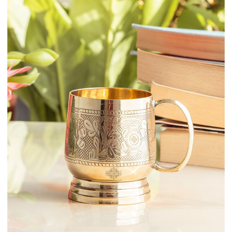 Pure Brass Embossed Design Cup with Handle – 200 ML | Traditional Handcrafted Mug for Serving Water, Milk, or Herbal Drinks