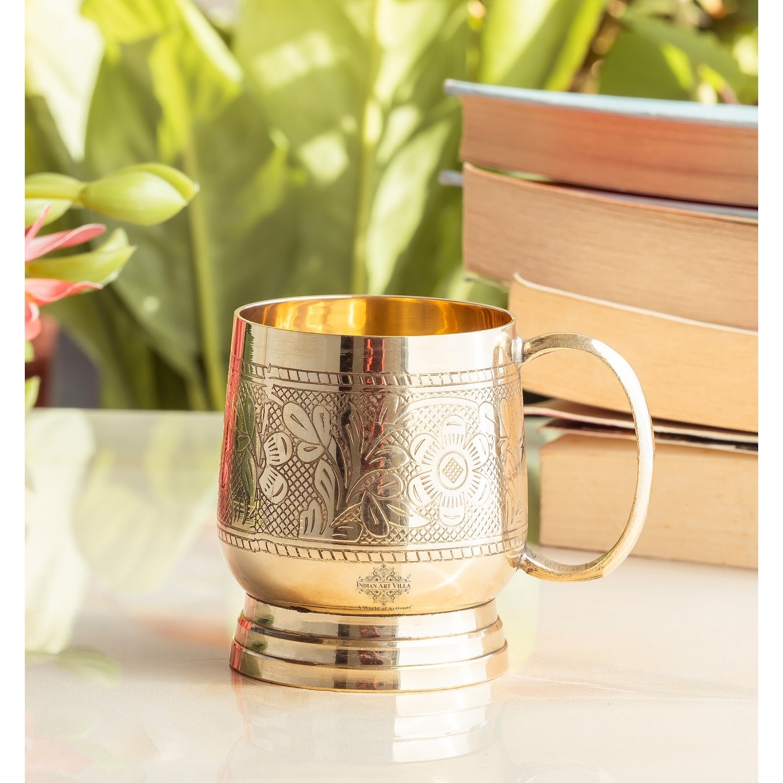 Pure Brass Embossed Design Cup with Handle – 200 ML | Traditional Handcrafted Mug for Serving Water, Milk, or Herbal Drinks