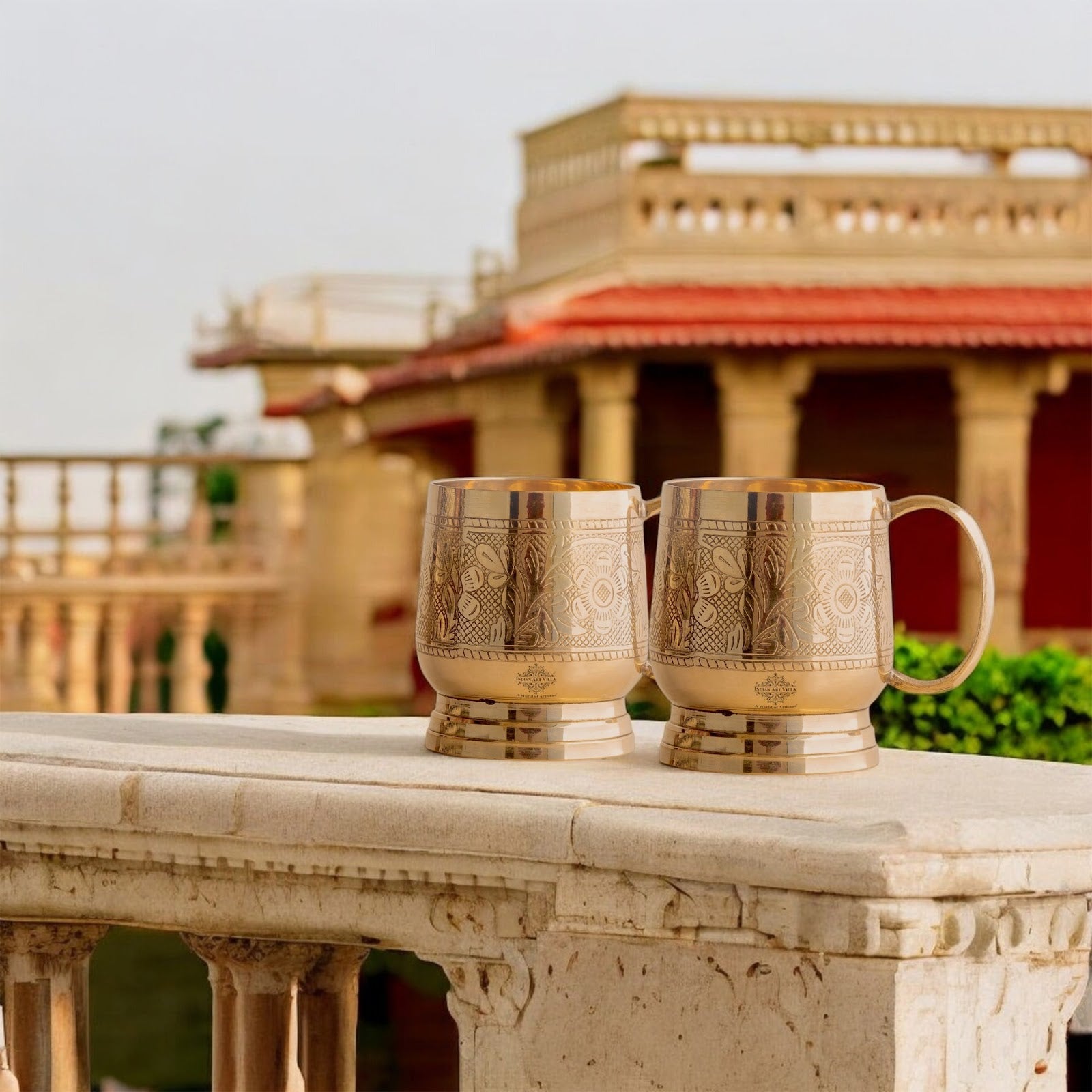 Pure Brass Embossed Design Cup with Handle – 200 ML | Traditional Handcrafted Mug for Serving Water, Milk, or Herbal Drinks