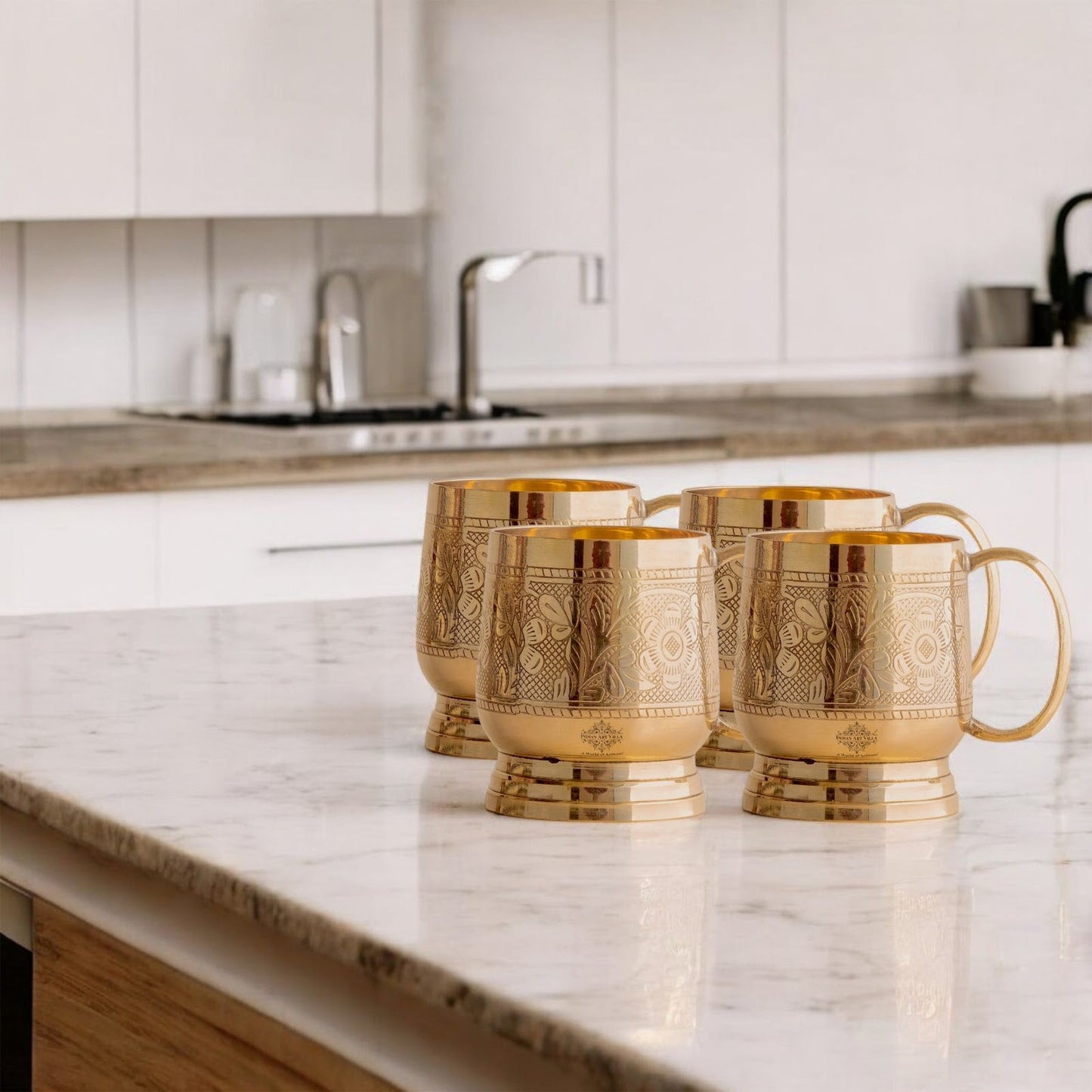 Pure Brass Embossed Design Cup with Handle – 200 ML | Traditional Handcrafted Mug for Serving Water, Milk, or Herbal Drinks